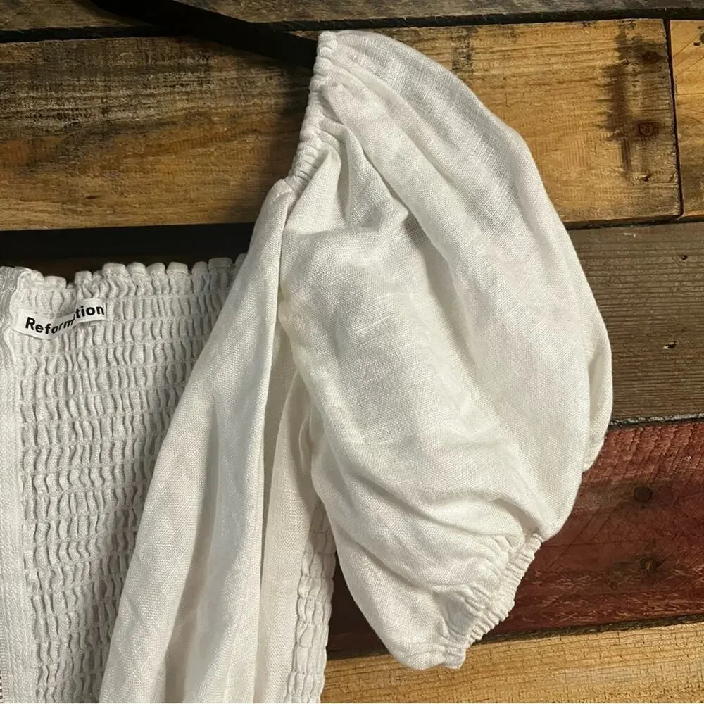 Reformation White Puff Sleeve Smocked Back Top